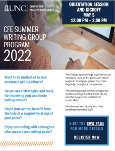 CFE Summer Writing Group Program flyer incorporating the UNC blue, navy and green colors as accents.