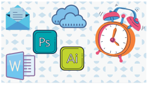 An illustrated social media graphic with the UNC half dome pattern repeating in the background in blue and white, illustrated clouds, an alarm clock, an envelope with a letter, and the Microsoft Word, Adobe Illustrator and Photoshop software icons.