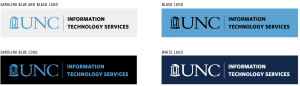 Four versions of the UNC ITS logo: Carolina blue and black, black, carolina blue, and white.